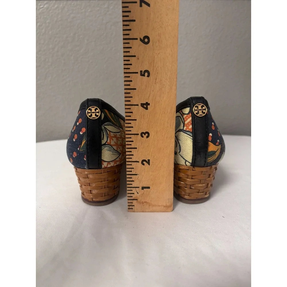 Tory Burch Womens 9 Sally Wedge Pump Multi Floral Canvas Low Heel Logo Brazil